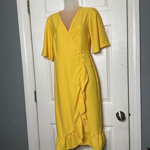 Top Shop Ruffle True Wrap A-Line Yellow Dress Size 2 Short Sleeve - Picture 4 of 16